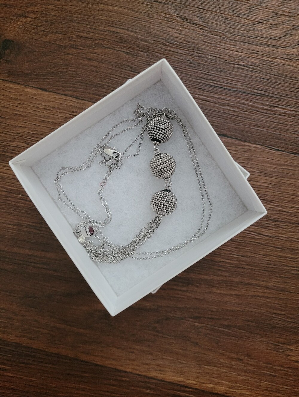 Chico's long triple ball drop necklace, silver toned